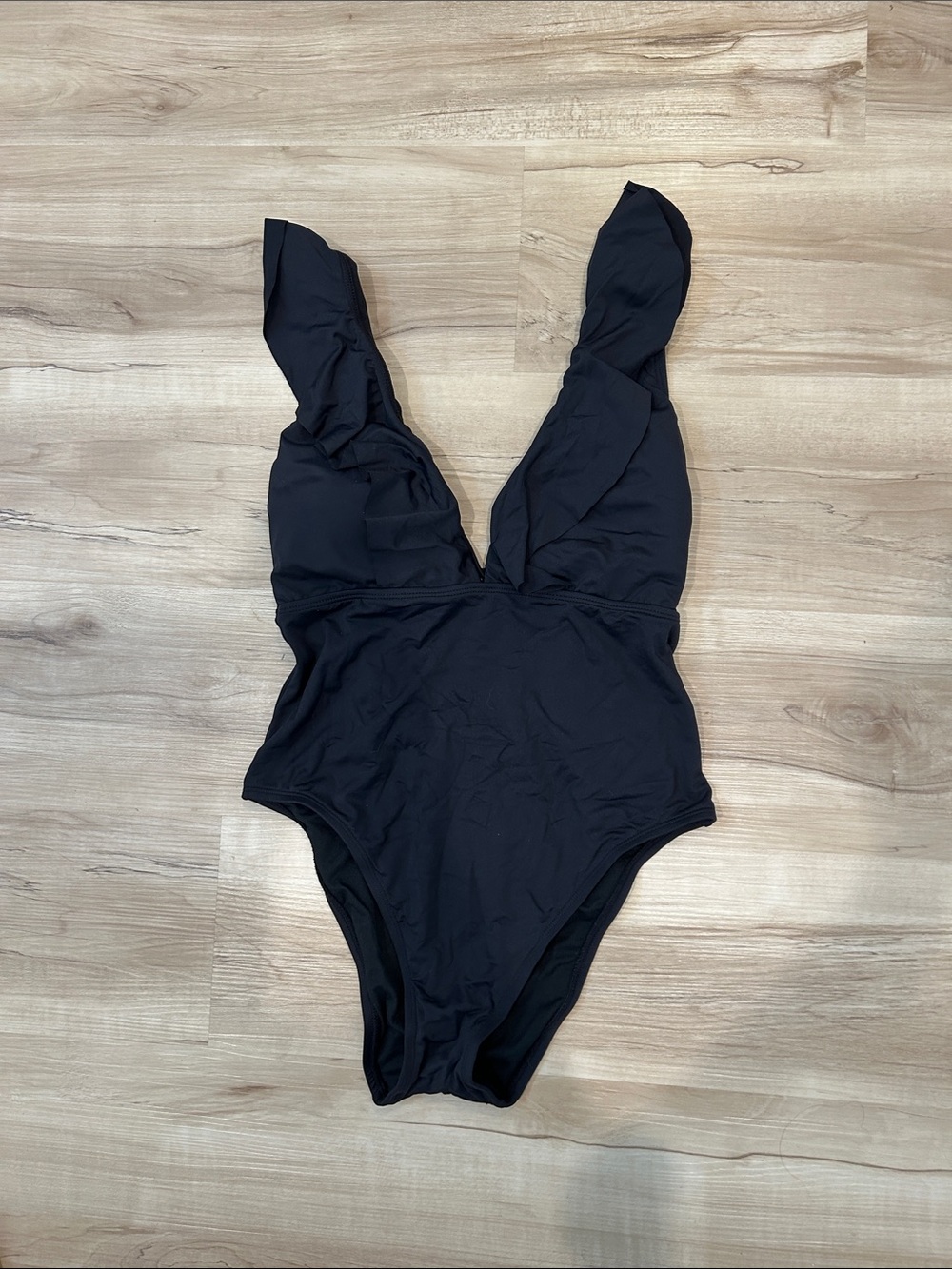 Black One-Piece Swimsuit with Ruffle Straps